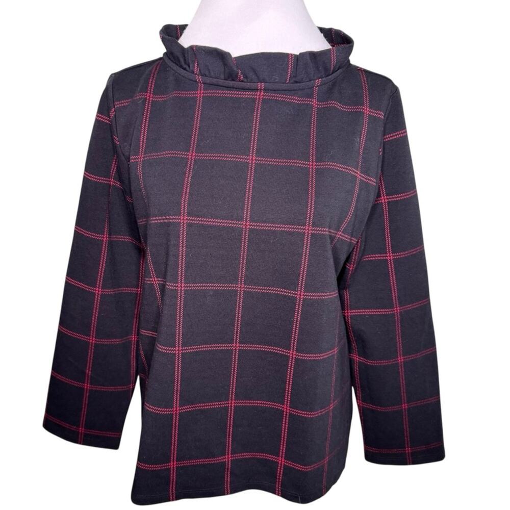 Ann Taylor Women Black Red Windowpane Plaid Ruffle Mock Neck Top Large NWT